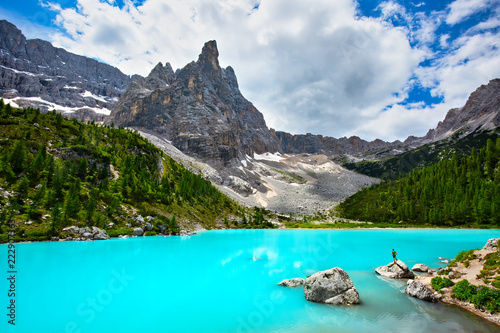 Beautiful Lake Sorapis (Lago di Sorapis) in Dolomites, popular travel destination in Italy photo