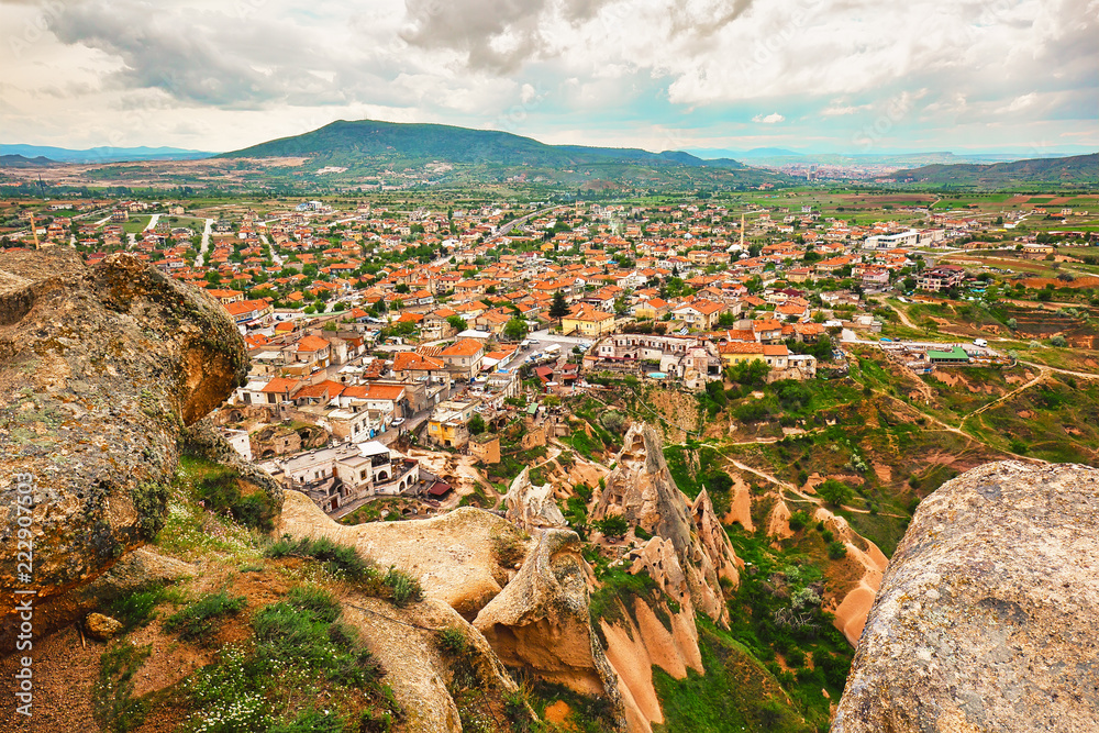 Aerial view to turkish town, residential quarters in Cappadocia, popular travel destination in Turkey