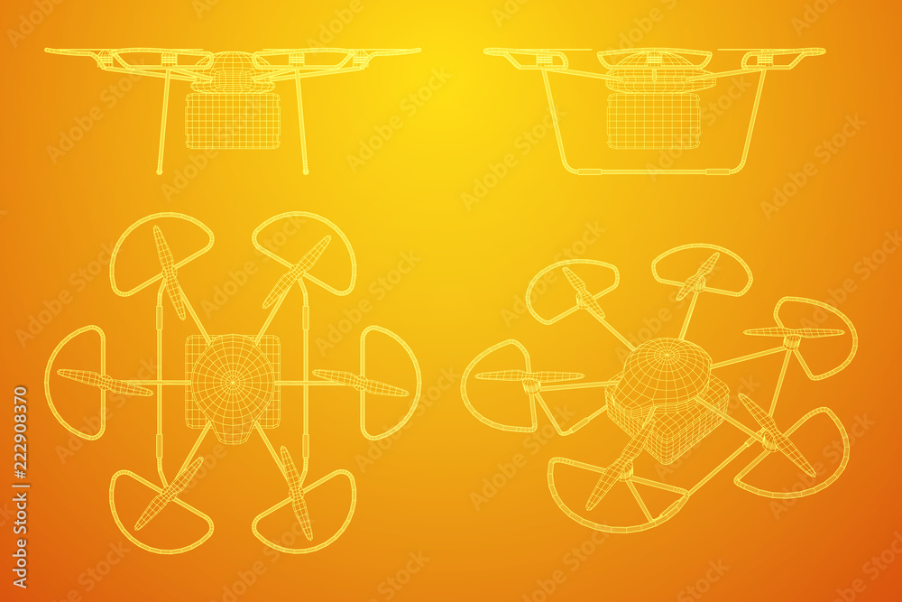 Remote control air drone. Dron flying with cargo box. Wireframe low poly mesh vector illustration