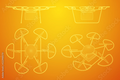 Remote control air drone. Dron flying with cargo box. Wireframe low poly mesh vector illustration