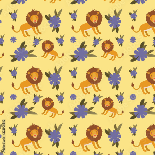 cute lion with flowers pattern background