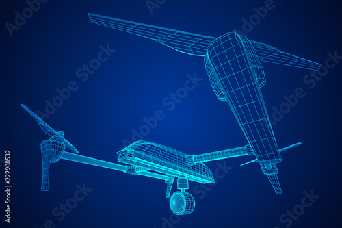 Remote control air drone. Dron flying with action video camera. Wireframe low poly mesh vector illustration