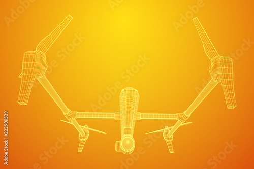 Remote control air drone. Dron flying with action video camera. Wireframe low poly mesh vector illustration