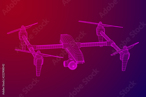 Remote control air drone. Dron flying with action video camera. Wireframe low poly mesh vector illustration