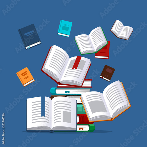 Books illustration. Library research. Scholarship concept. literature background in flat style.
