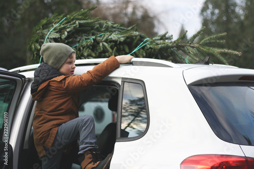 boy tying a Christmas tree on the roof of a car