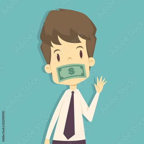 Businessman which mouth is gagged with money.cartoon of business,employee success is the concept of the man characters business, the mood of people, can be used as a background. vector illustration