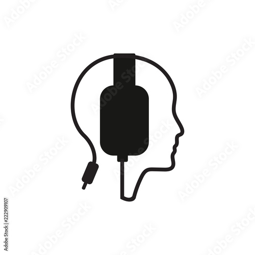 Beautiful young hipster manin a stylish modern hat with curly locks side view. Pretty woman listening to music in yer red brandless headphones. Hand drawn vector art.