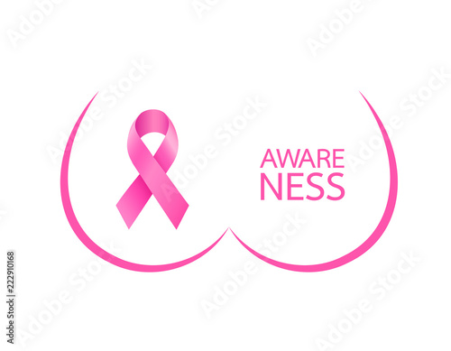Pink ribbon symbol with graphic of breast. Breast Cancer Awareness Month Campaign. Icon design. Vector illustration isolated on white background.