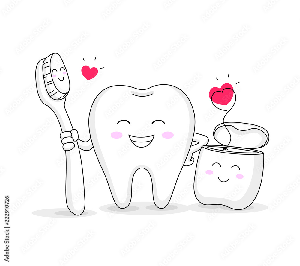 cute cartoon tooth character with toothbrush and dental floss. Dental care  concept. Vector illustration isolated on white background. Stock Vector |  Adobe Stock