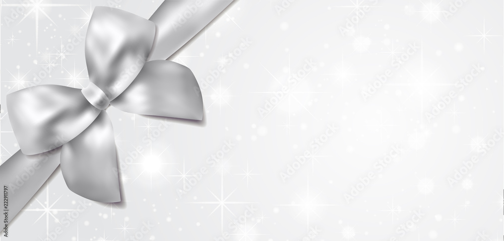 Voucher, Gift certificate, Coupon template. Silver bow, ribbon on white background with sparkling stars. Blank vector design gift card Voucher, Gift certificate, Coupon template. Silver bow, ribbon on white background with sparkling stars. Blank vector design gift card