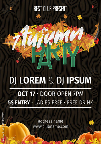 Autumn party flyer invitation. Vector autumnal fall party design for invitation or holiday celebration.