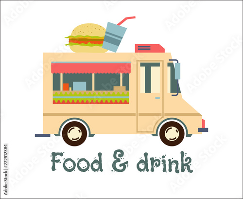 Fast Food Trailer with burger Isolated on white. Street food car, mobile kitchen, restaurant