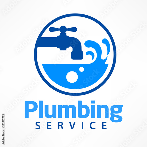 Plumbing service logo in blue, symbol on white with text. Vector