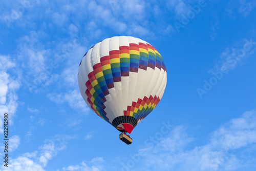 Hot air balloon against blue sky.