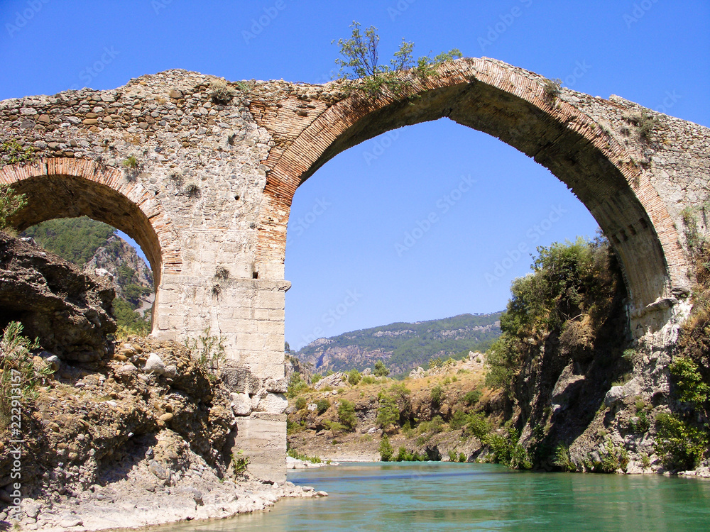 Panorama view to old ruined bridge over Dalaman river, Turkey