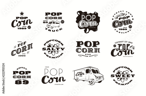 Set of emblems and logo for popcorn packaging