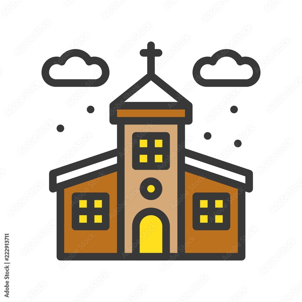 Church and snow fall, Merry Christmas related icon set, filled outline design editable stroke
