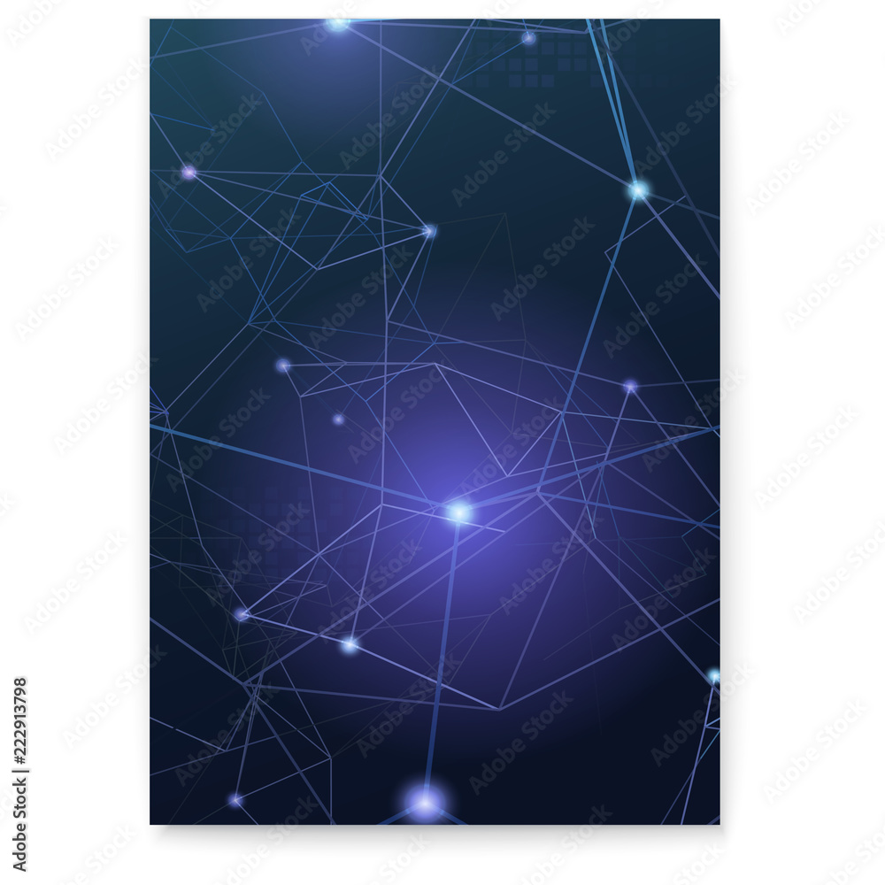 Abstract cover with plexus shapes, vector illustration. Concept of communication links. Grid with points connected by lines. Symbols of the network, internet, mobile and satellite communications.