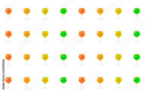 Fototapeta Naklejka Na Ścianę i Meble -  vertical bright row of green red orange and yellow drinks cafe bar design on a white background culinary base design