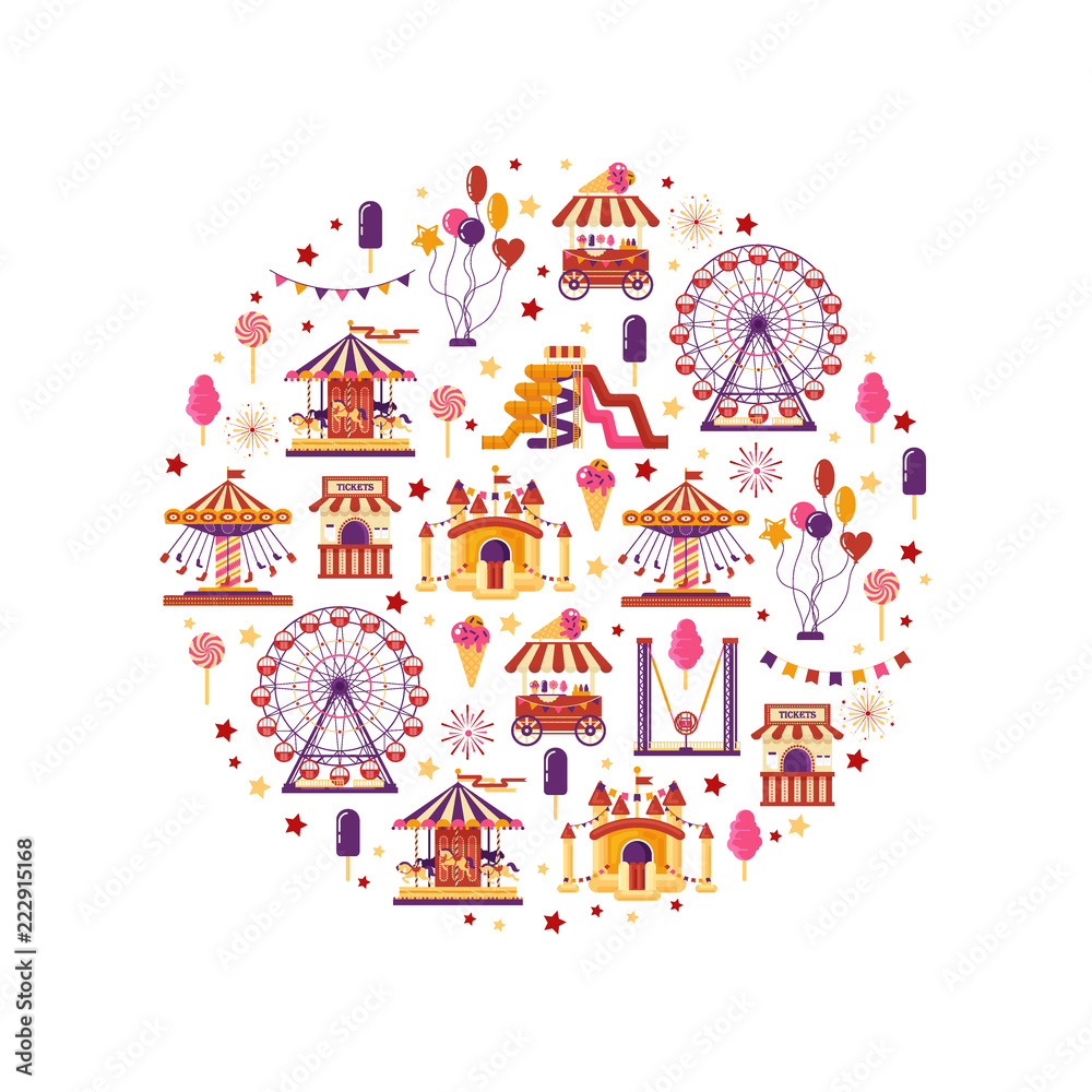 Amusement park flat elements in circle with carousels, waterslides, balloons, flags, inflatable trampoline castle, ferris wheel, mobile kiosk with sweets, catapult isolated on white background. Set