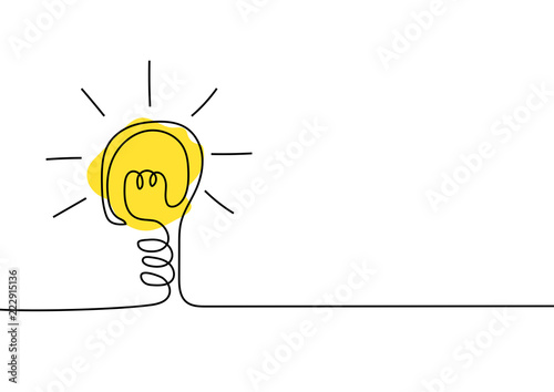 Continuous line drawing. Light bulb of a yellow business ideas concept. Vector illustrations