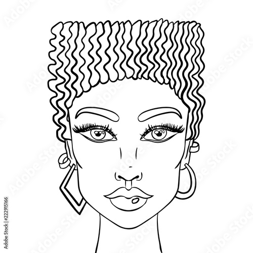 Doodle girls face. Womens portrait for adult coloring book. Vector illustration.