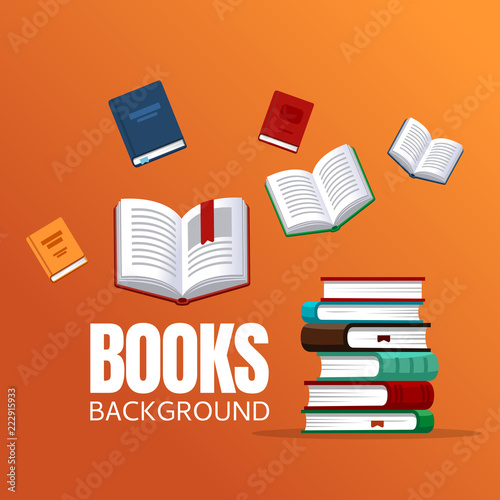 Books illustration. Library research. Scholarship concept. Literature background in flat style. Concepts for web banner and promotional material. photo