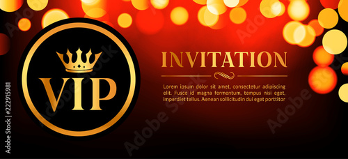 VIP invitation card with gold and bokeh glowing background. Premium luxury elegant design