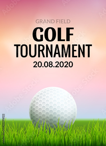 Golf tournament poster template flyer. Golf ball on green grass for competition. Sport club vector design