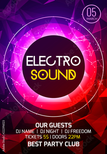 Electro sound party music poster. Electronic club deep music. Musical event disco trance sound. Night party invitation. DJ flyer poster