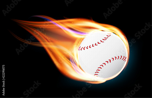 Flying and burning baseball ball on black background