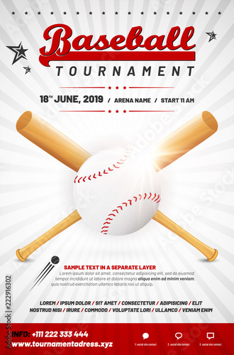 Baseball tournament poster template with ball and crossed bats