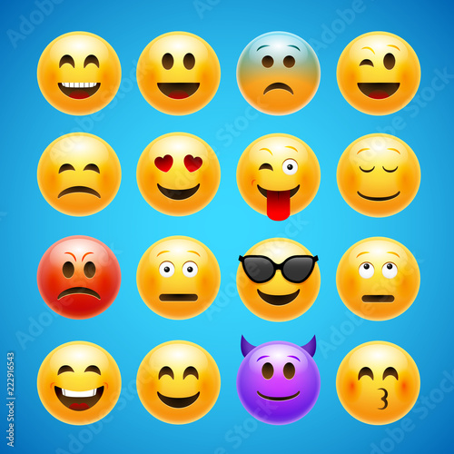 Vector emoticons emoji set. Smile face character for chat web. Funny emoticon © kolonko