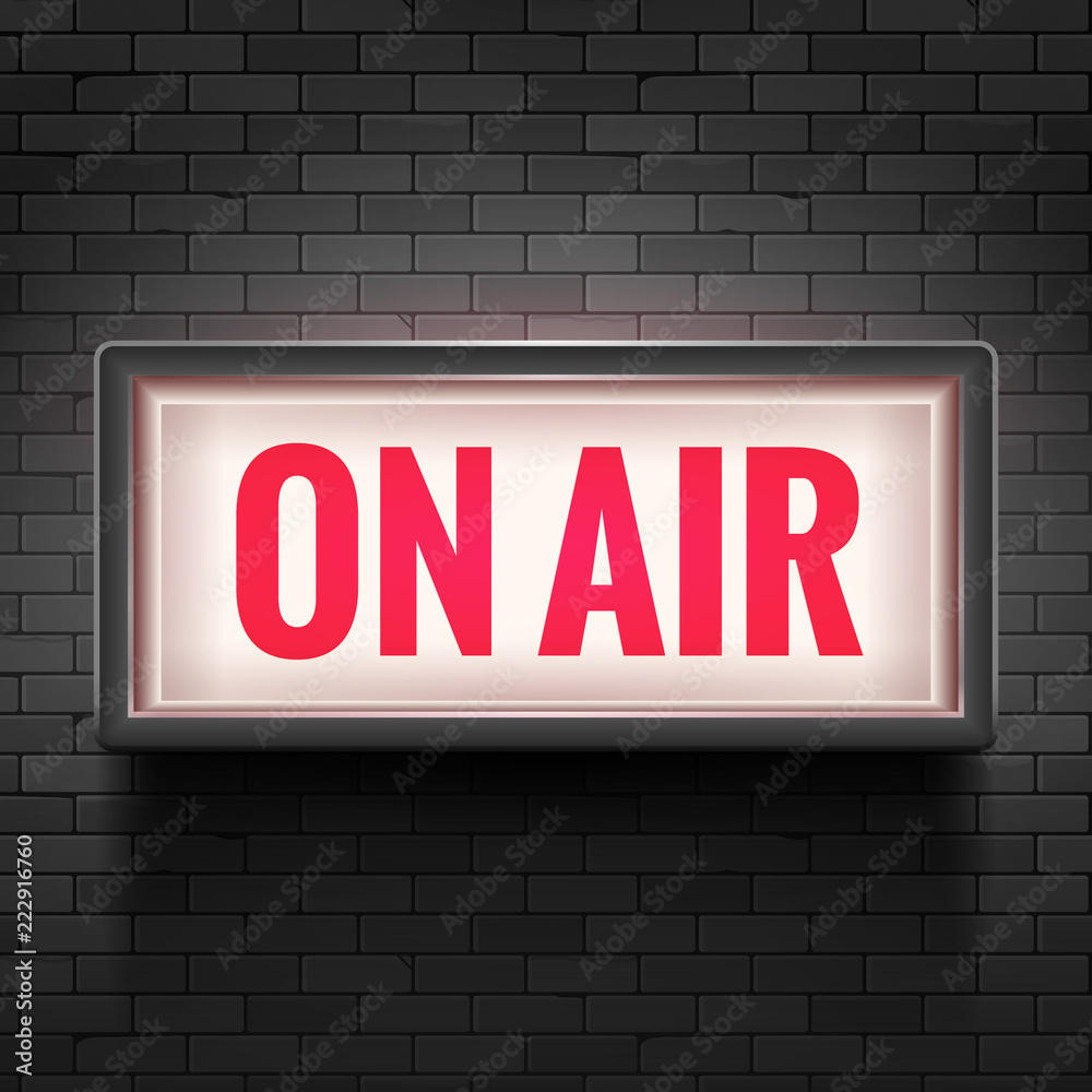 ON AIR studio light sign. Media broadcasting warning sign. Live board  production record attention.