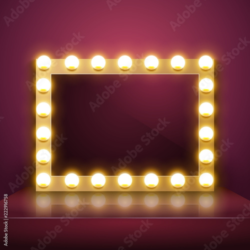 Make up mirror with light. Vector artist dressing room. Make-up mirror