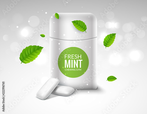 Vector chewing gum package box and green mint for fresh breath. Dental health chewing gum background