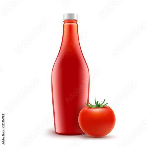 Tomato ketchup bottle on white. Vector ketchup product container. Red sauce food illustration