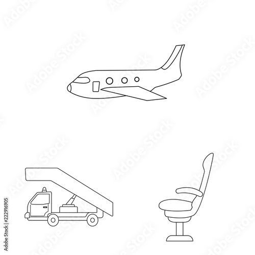 Vector illustration of airport and airplane sign. Set of airport and plane vector icon for stock.
