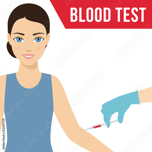 Blood collection from a woman with a syringe. Doctor makes blood collection for blood test, dna test, medical examination. Vector