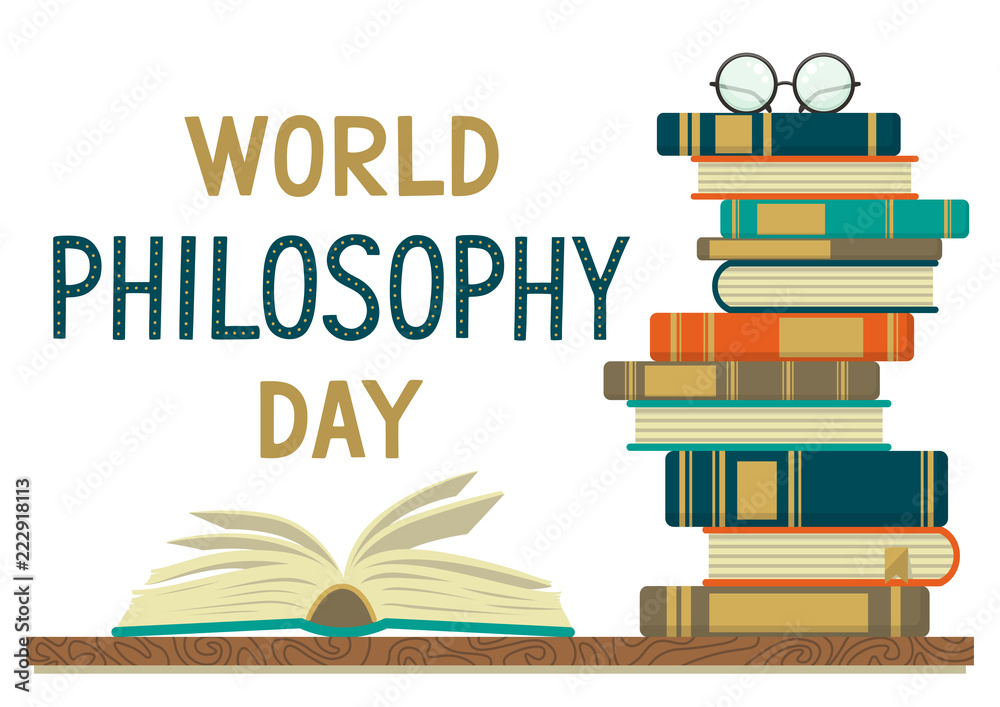 World Philosophy Day. Stack of books with open book and lettering on white background. vector