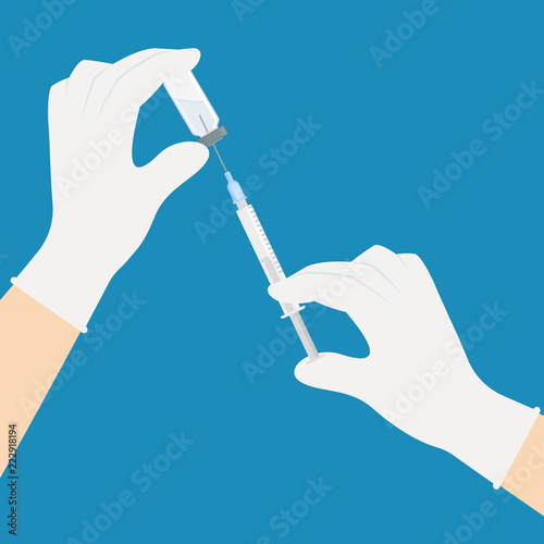 Syringe and ampoule with vaccine in the hands of a doctor. Injection of flu shot, anesthesia, beauty injection. Vector