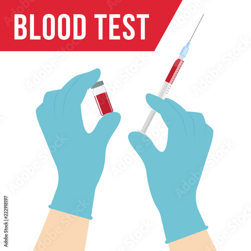 Syringe and ampoule with a blood in the hands of a doctor. Doctor makes blood collection for blood test, dna test, medical examination. Vector