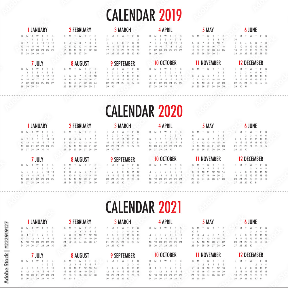 Year 2019 2020 2021 calendar vector design template Year 2019 2020 2021 calendar vector design template