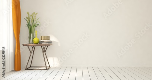 Fototapeta Naklejka Na Ścianę i Meble -  Mock up of white empty room with table. Scandinavian interior design. 3D illustration