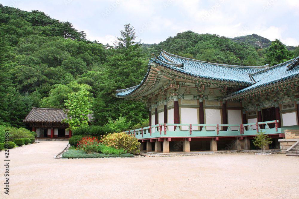 Fototapeta premium Pavilions in ancient Buddhist monastery Pohyon, North Korea
