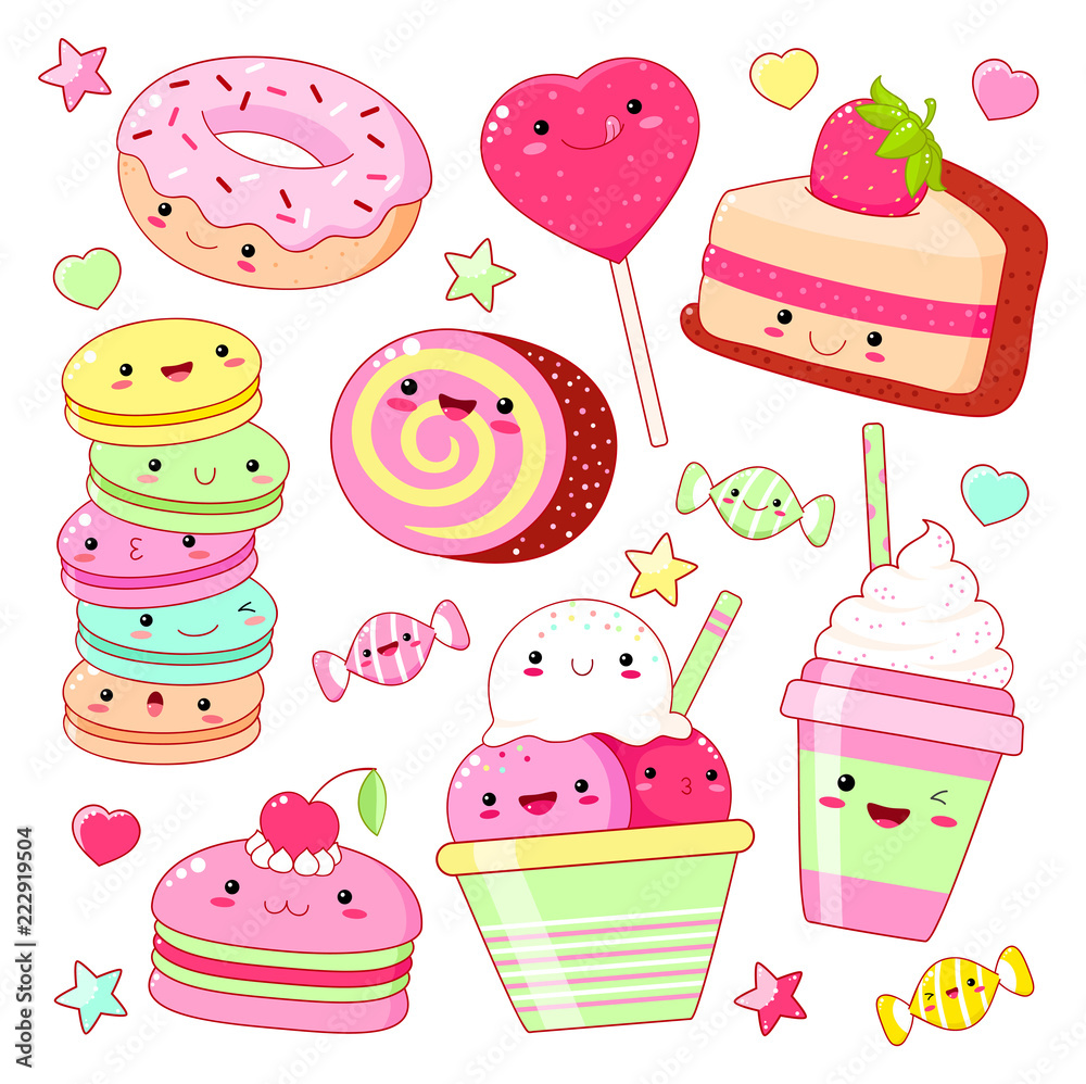 Set of cute sweet icons in kawaii style Stock Vector | Adobe Stock