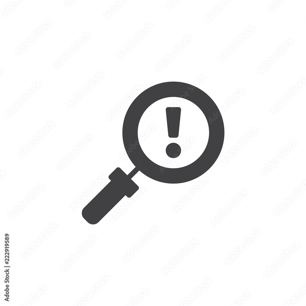 Magnifier with exclamation mark vector icon. filled flat sign for mobile concept and web design. Warning simple solid icon. Symbol, logo illustration. Pixel perfect vector graphics Magnifier with exclamation mark vector icon. filled flat sign for mobile concept and web design. Warning simple solid icon. Symbol, logo illustration. Pixel perfect vector graphics