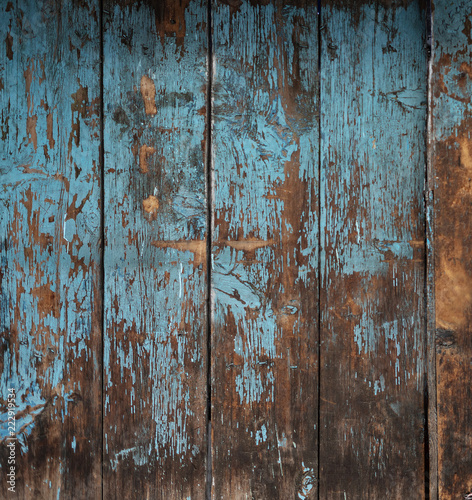Old wood texture, peeling painted blue wood for background © SasinParaksa