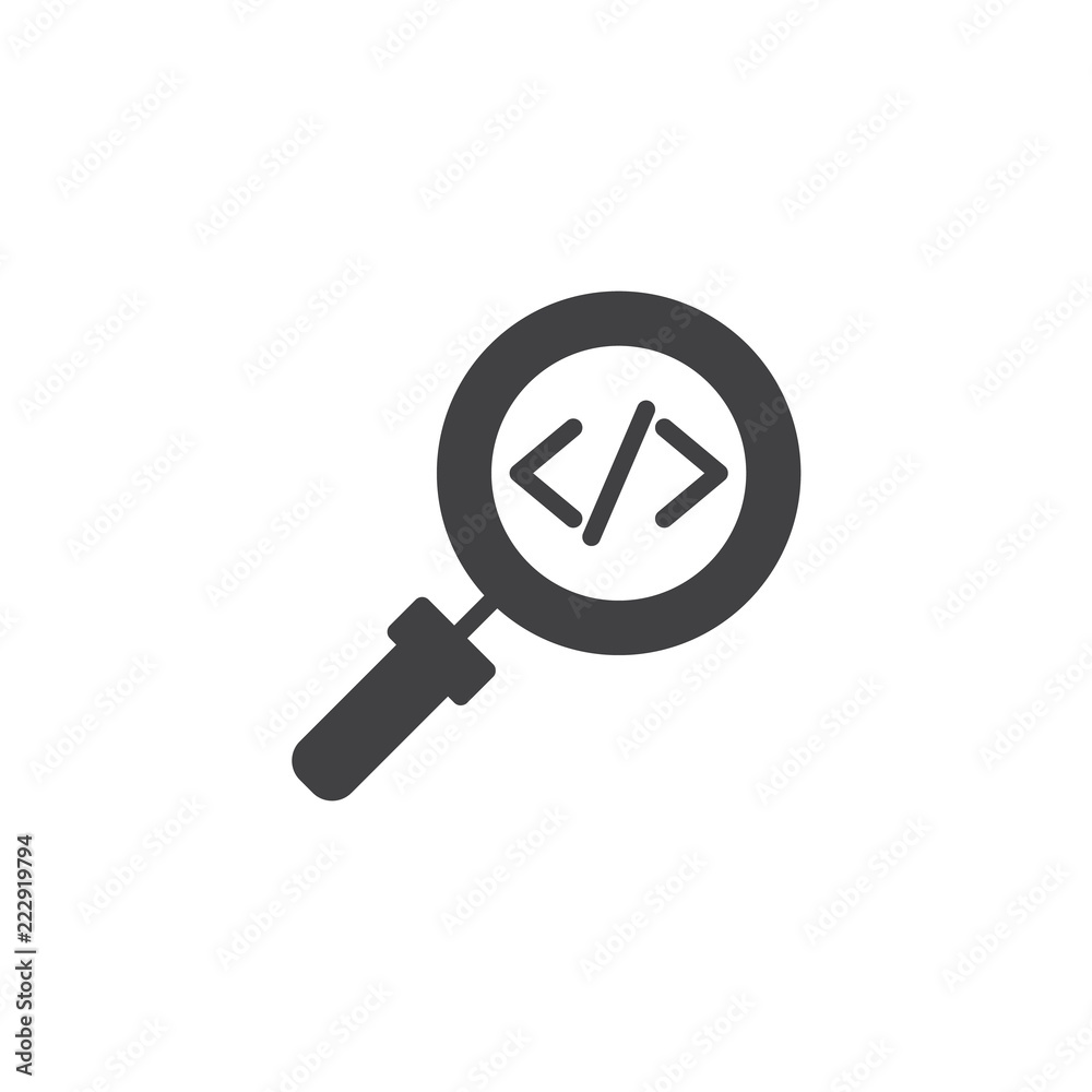 Code search vector icon. filled flat sign for mobile concept and web design. magnifying glass code simple solid icon. Symbol, logo illustration. Pixel perfect vector graphics Code search vector icon. filled flat sign for mobile concept and web design. magnifying glass code simple solid icon. Symbol, logo illustration. Pixel perfect vector graphics